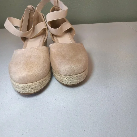 Womens Espadrille Wedge Flats Beige Ankle Strap Round Toe Casual Shoes Size 39 - Picture 4 of 5